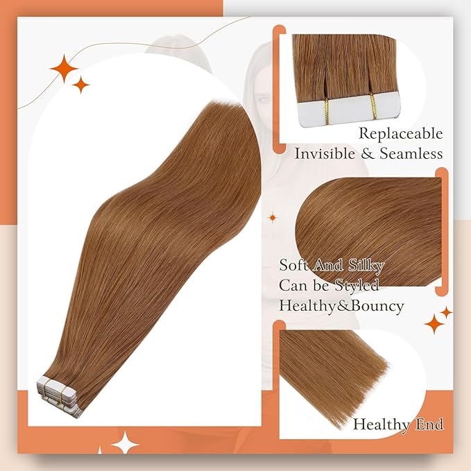 Full Shine Tape in Extensions Real Human Hair Color 330 Auburn Tape ins Human Hair Extensions 24 Inch Remy Extension 50G Invisible Seamless Skin Weft Straight Extension 20Pcs Natural Brazilian