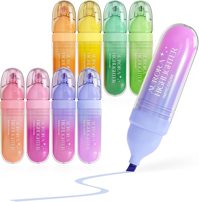 Four Candies 8 Pcs Highlighters Assorted Colors, Cute Pastel Highlighter Set, Dry Quickly, Soft Chisel Tip, Bible Highlighter for No Bleed, Back to School Supplies，Aesthetic Highlighters for Office