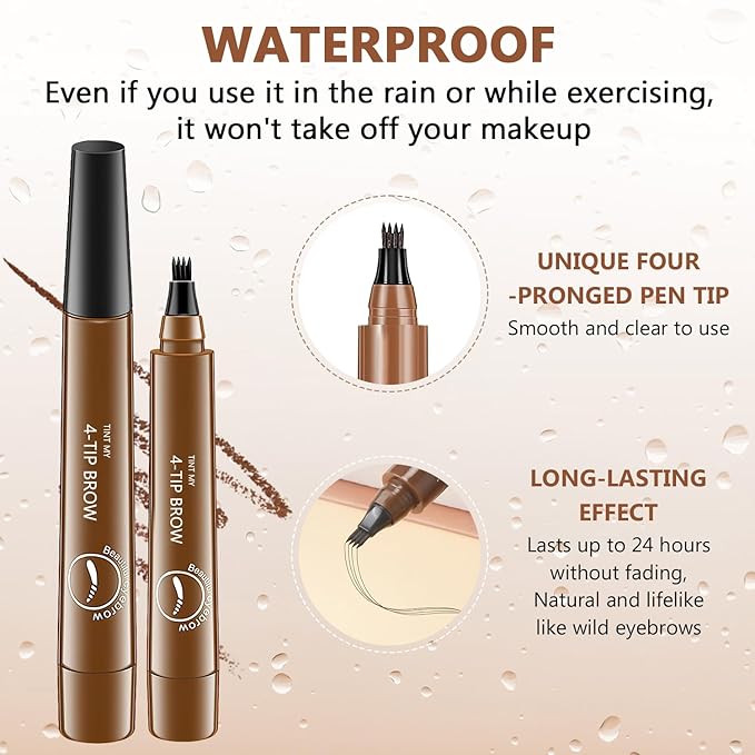 Microblading Eyebrow Pencil,2 PCS Magic Eyebrow Pencil,4-Tip Waterproof Brow Pencil with Micro-Fork Tip,3D Natural Makeup Long-Lasting Fine Stroke Magic Eyebrow Pen (Light Brown)
