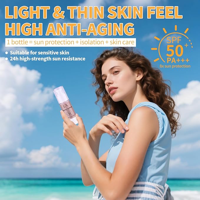 Tinted Face Sunscreen - Waterproof & Lightweight Liquid Foundation with SPF 50++, 3-in-1 Full Coverage Foundation Smooths & Blurs Pores, 405 Deep