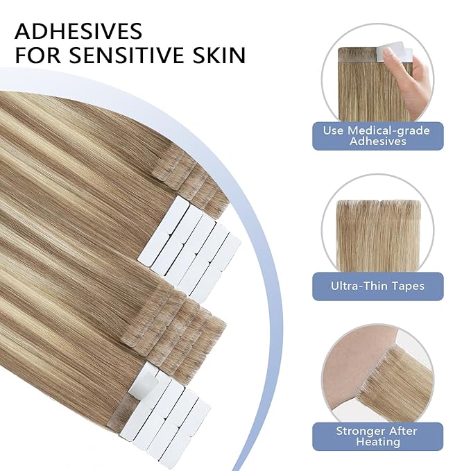 COOKAYU Invisi Edge Tape in Hair Extensions Human Hair, Ash Brown to Platinum Blonde 18Inch 20pcs 40g Straight Remy Seamless Injected Tape in extensions