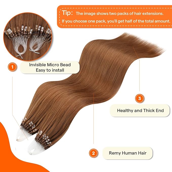 Full Shine Micro Loop Hair Extensions Real Human Hair Color 330 Copper Brown 16 Inch Micro Ring Hair Extensions Remy Hair Prebonded Extensions 50 Grams Straight Remy Hair for Women