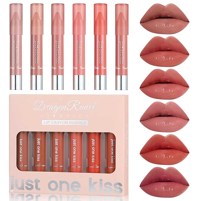 BONNIE CHOICE 6Pcs Moisturizing Gloosy Nude Lipstick Set, Waterproof Long Lasting Non-Stick Cup 24 Hour Nude Lip Crayon Pencil Makeup Cosmetic Lip Liner Pen Set for Women Gifts (Lip Crayon A)