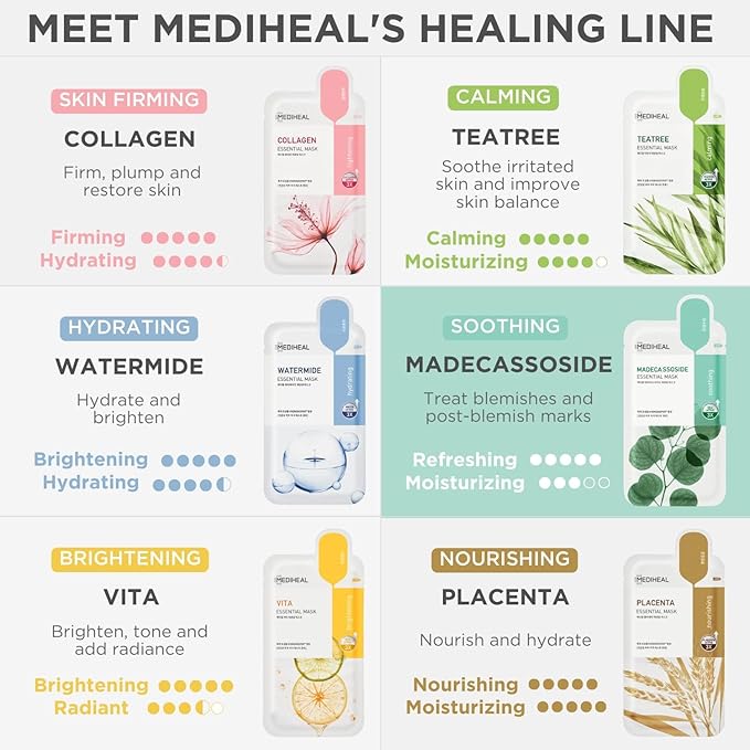 Mediheal Best Korean Sheet Mask - Madecassoside Essential Face Mask 20 Sheets For Sensitive Blemish Prone All Skin Types Hydrating Moisturizing Calming Soothing