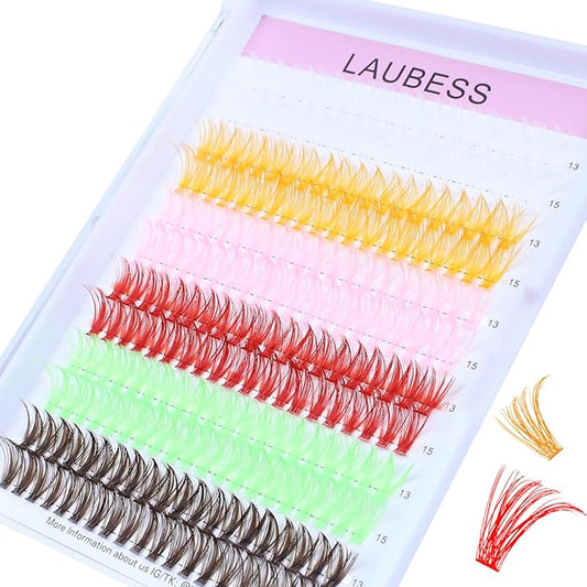 Colored Lash Clusters LAUBESS Colored Eyelash Clusters Wispy Colored Lash Extensions Colorful Lash Clusters Individual Lashes White Orange Light Pink Red Green Dark Brown (Colorful 0.07D, 13/15mm)