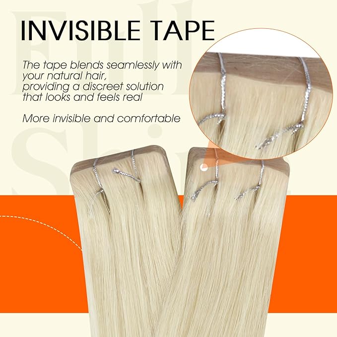 Full Shine Long Injection Tape in Hair Extensions Human Hair Color 60 Blonde Insert Tape Extensions 22Inch Injected 50Gram Machine Remy Seamless Invisible 20Pcs for Party Add Length