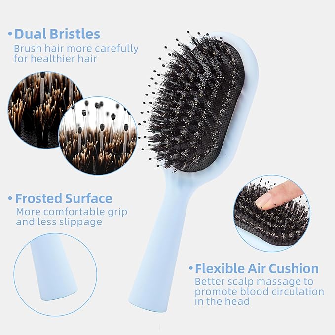 Boar Bristles Hair Brush for Women Men and Kids, Detangling Hair Brush for Smoothing Massage Add Shine, Nylon&Boar Bristles brush for Hair Healthy, Easy to Storage(Blue)