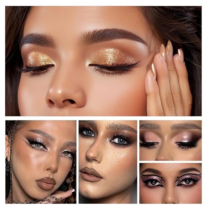 4-in-1 Eye Makeup Kit 4 Colors Eyeshadow Palette Black Liqiud Eyeliner with Stamp and Double-headed Brown Eyebrow Pencil Set for Women Beginners Gift (02)