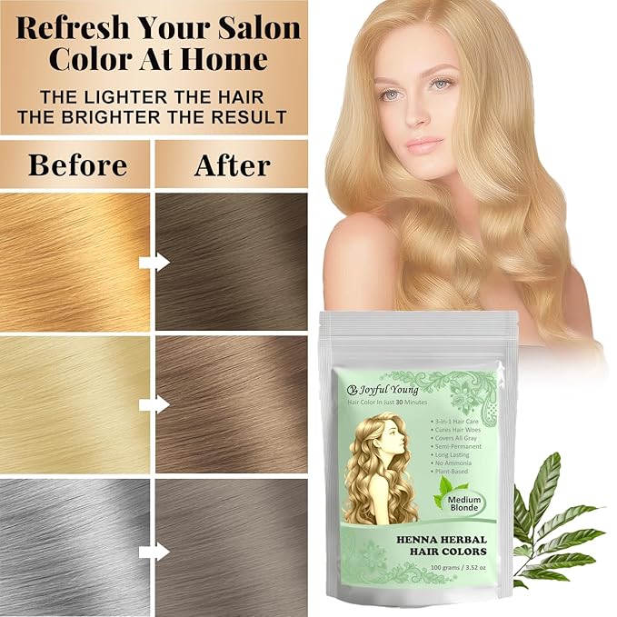 3IN1 Henna Hair Color - 30 Min Fast Herbal Hair Dye for Gray Coverage, Conditioning & Hair Treatment - No Ammonia, Semi-Permanent, Plant-Based (MEDIUM BLONDE)