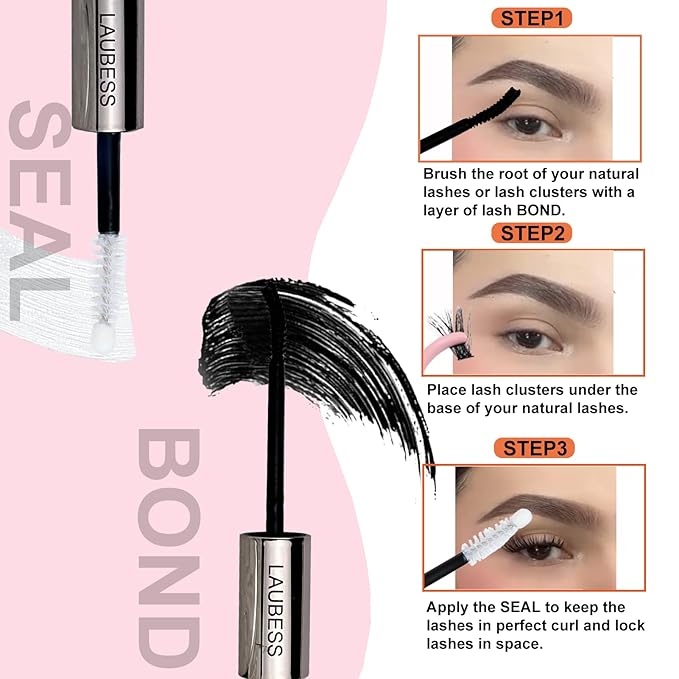 Lash Bond and Seal Lash Glue Waterproof LAUBESS 2-in-1 Cluster Lash Glue for Eyelash Clusters 72H 10ml (Black/Clear)