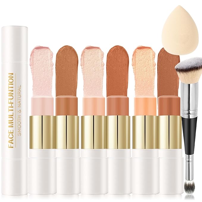 6 Colors Cream Contour Stick Makeup Contour Kit,Double-ended Cream Bronzer for Sculpt, Highlighter and Blush Stick Makeup Kit, Matte & Dewy Finish (SET C)