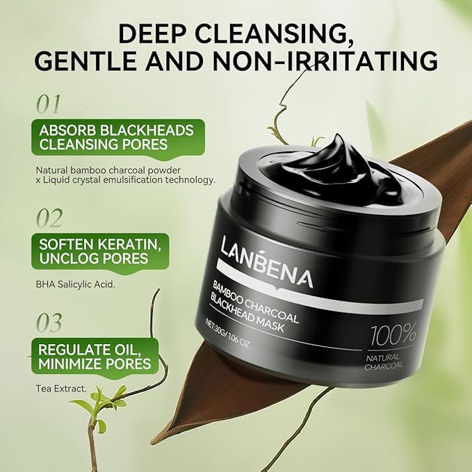LANBENA 3 in 1 Blackhead Removing Set, Bamboo Charcoal Pore Strips 30g+Pore Serum 30ml, Black Head Remover Mask for Face, Pore Minimizer & Reducer for Face, Leaving Your Skin Fresh and Clean