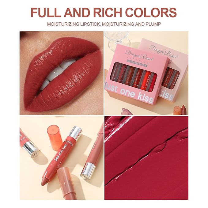 BONNIE CHOICE 6Pcs Moisturizing Gloosy Nude Lipstick Set, Waterproof Long Lasting Non-Stick Cup 24 Hour Nude Mauve Red Lip Crayon Pencil Makeup Lip Liner Pen Set for Women Gifts (Lip Crayon B)