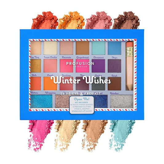 Profusion Cosmetics Winter Wishes Eye and Face Makeup Palette – Features 18 Multi Finish Shades, 4 Pressed Glitter and 1 Pencil Shaped Sparkling Lipgloss, Blendable, Vegan & Cruelty-Free