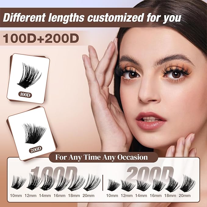 Lash Clusters Kit, DIY Cluster Eyelash Extensions 10‑20mm, 100D+200D, 156pcs Fluffy D Curl Natural Lashes with Bond & Seal,Tweezers–Fake Cat Eye Individual Clusters