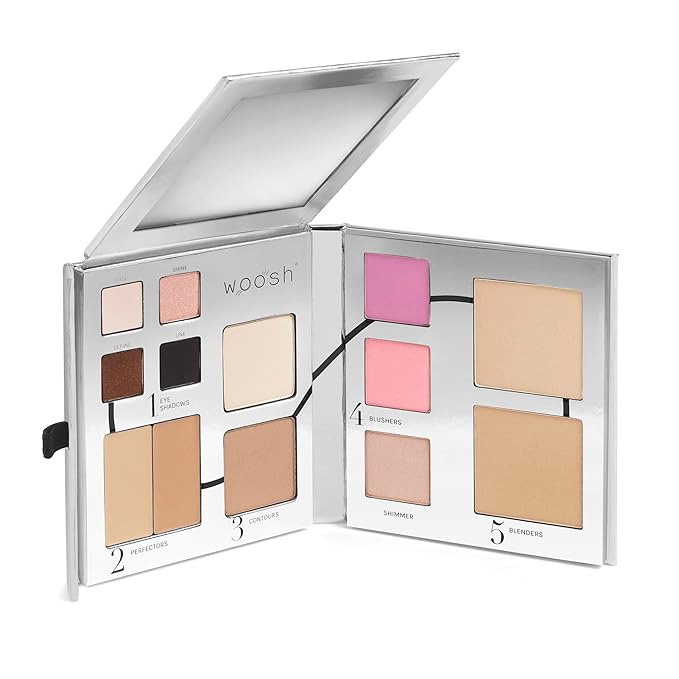 Woosh Beauty, Jetsetter Bundle in #2 Medium Light, Fold out Face Original, Essential Brush Set, Travel Case in Hot Pink