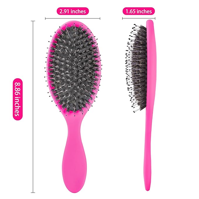 Boar Bristles Hair Brush for Women and Men, Detangling Hair Brush for Smoothing Massage Add Shine, Nylon&Boar Bristles Detangler brush for Hair Healthy (HotPink)