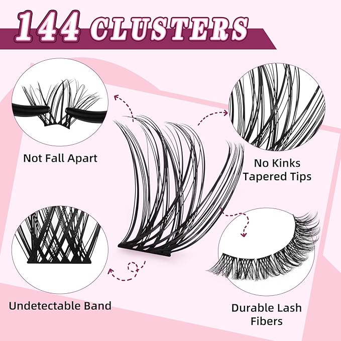 Lash Clusters Kit for DIY Lash Extension at Home, False Eyelashes Set with Bond and Seal, Lash Remover, Tweezers, D Curl Wispy Individual Clusters Eye Lash Extensions Kit (U22 DIY Lash Kit)