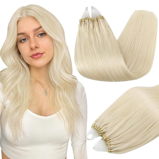 Full Shine Micro Loop Hair Extensions Real Human Hair Color 60 Platinum Blonde 14 Inch 50 Grams Microbead Hair Extensions Human Hair for Women Pre Bonded Extensions