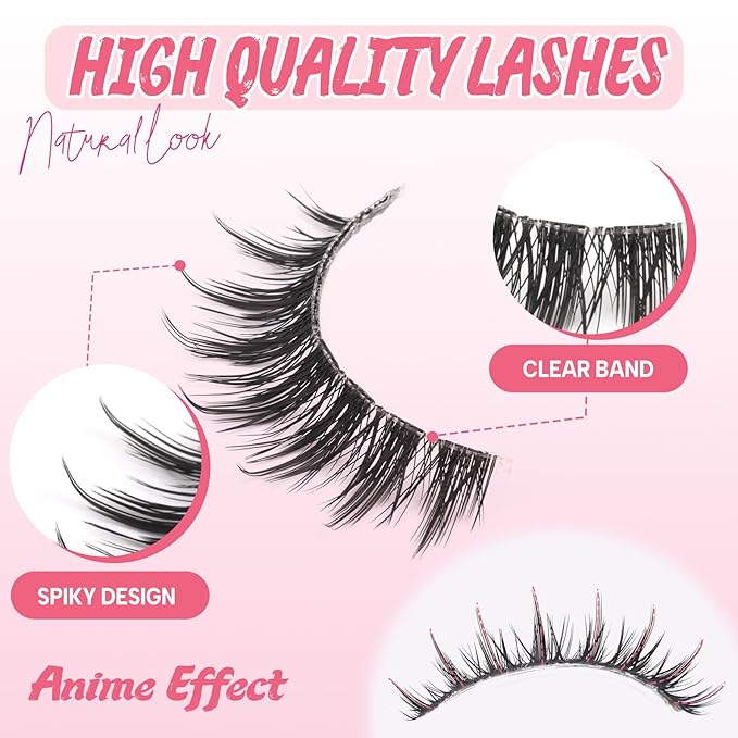 Ahrikiss Manga Lashes Spiky False Eyelashes C Curl Fake Lashes Natural Look 10 Pairs Anime Fake Eyelashes with Clear Band Wispy Faux Mink Lashes Look Like Individual Lashes (Anime)