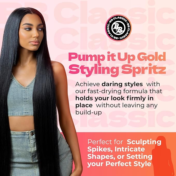 Bronner Bros Pump It Up Styling Spritz Gold 80% – Fast-Dry Hair Spray Extra Hold with Vitamin B5 & Silk Protein - Maximum Hold Finishing Spritz Hairspray, Adds Shine, Nourishes, No Build-up - 8oz