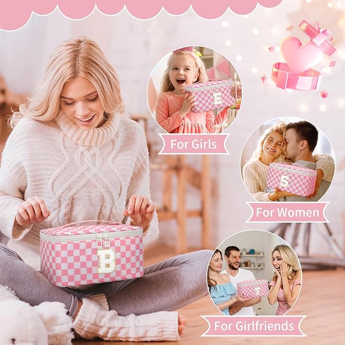 OCHEAL Makeup Bag for Women, Monogram Cosmetic Bag with Brush Holder, Pink Travel Makeup Case Beauty Toiletry Bag Organizer Personalized Gifts for Girls Bridesmaid, Sister, Wife, Friends Initial L