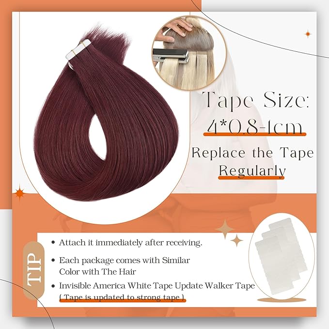 Full Shine Tape in Hair Extensions Real Human Hair Color 99J Tape in Extensions Seamless Invisible Skin Weft 24Inch Long Straight Extension Soft Silky for Daily Office Look 100G 40Pcs