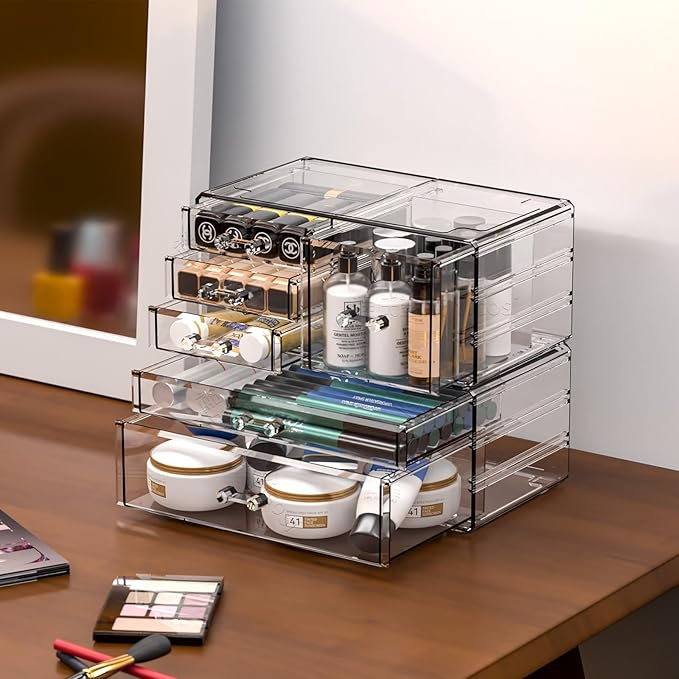 Cq acrylic 2 Pack Clear Desk Organizer With Drawers,Stackable 6 Drawers Skincare Organizer,Cute Skin Care Organizers for Vanity Hair Clip,Jewelry,Beauty Product Desk and Makeup Organizers Countertop