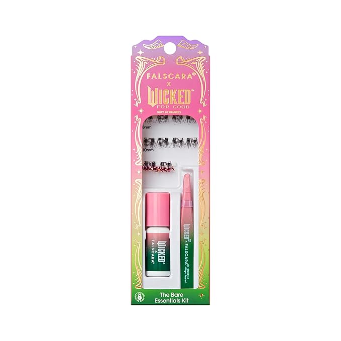 FALSCARA X WICKED: FOR GOOD False Eyelashes, ‘Wickedly Wonderful’, 8mm-10mm Natural Volume, Purple Glitter, Lash Extension Kit Includes Mini BOND, Mini Applicator, & 10 Lash Clusters