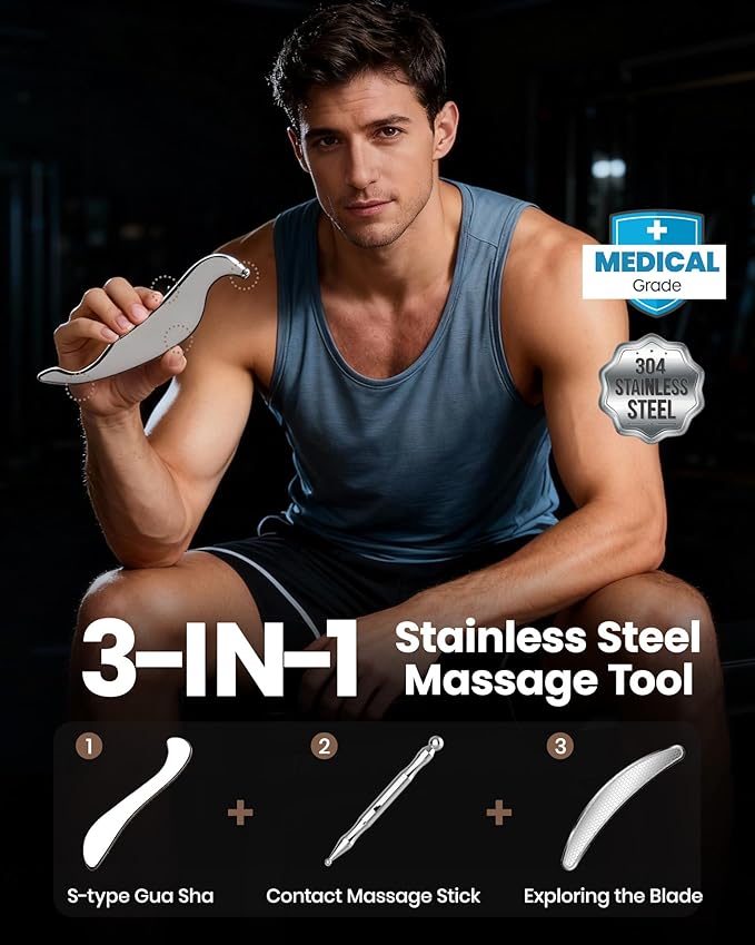 lifechill 3-in-1 Stainless Steel Gua Sha Tool, Professional Trigger Point Massage Tools & Fascia Release Scraper for Muscle Pain Relief of Neck, Shoulder, Leg & Body, Gift for Athletes, Women and Men