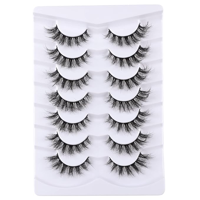 False Eyelashes Cat Eye Lashes Faux Mink Lashes Natural Look Fluffy Wispy Lashes That Look Like Extensions Pestañas Postizas D Curl Lash Strips Short Fox Eye Lashes 7 Pairs Pack