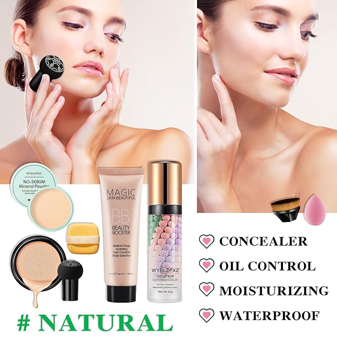Mushroom Head Air Cushion CC Cream + BB Cream + Tri-color Color Corrector Foundation Set - Moisturizing Full Coverage Foundation Concealer Lasting Foundation Makeup Base Primer (7 Pcs)