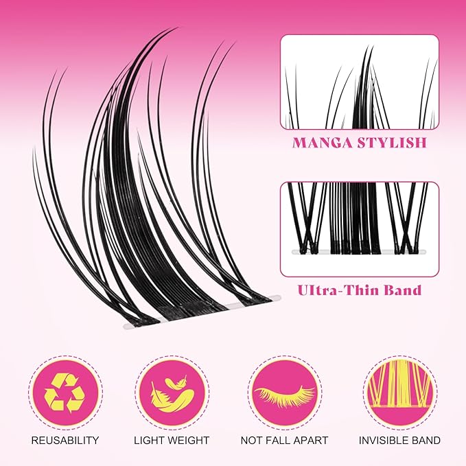 Fairy Lash Clusters 144pcs DIY Wispy Manga Style Natural Look Manga Eyelash Clusters D Curly Cluster Eyelash Extensions Individual Anime Lash Extension with Invisible Thin Band(8-16mm-Mixed)