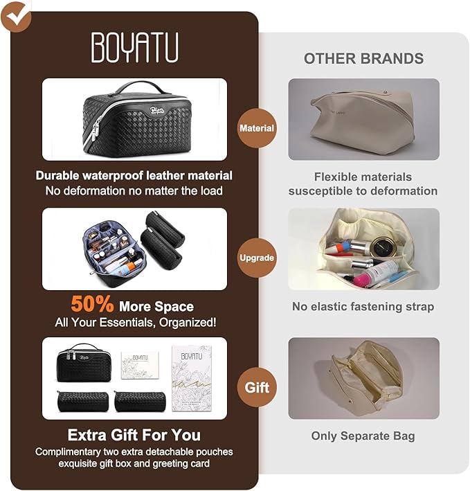 BOYATU Travel Makeup Bags for Women: 3 Pcs Large Make up Bags Set - Vegan Leather Cosmetic Bag for Traveling - Waterproof Toiletry Organizer (L33 Black)