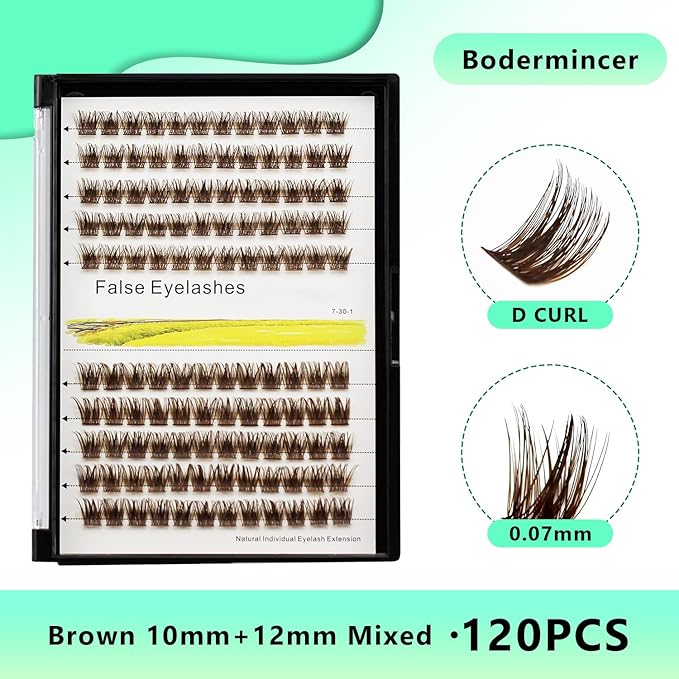 Bodermincer 120 Clusters 10mm+12mm/12mm+14mm/14mm+16mm Mixed Wide Cluster False Eyelash Individual Cluster EyeLashes Grafting Fake False Eyelashes Eyelash Extension (Brown 10mm+12mm Mixed)