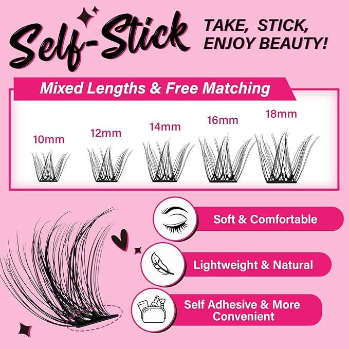 Self Adhesive Eyelashes 48Pcs Lash Clusters Self Stick Lashes Reusable Self-adhesive Lashes No Glue Cluster Lashes Easy for Use(Lotus,D-10-18mix)