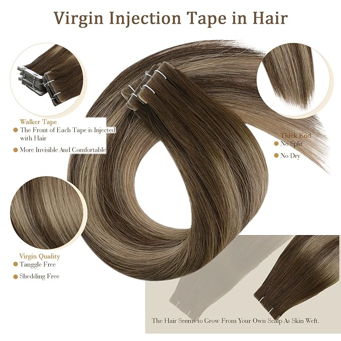 Full Shine Virgin Tape in Hair Extensions 5Pcs 14 Inch Injection Tape in Extensions Human Hair Color 4 Medium Brown Fading to 27 Honey Blonde And Brown Seamless Tapes in Human Hair for Women 10 Gram