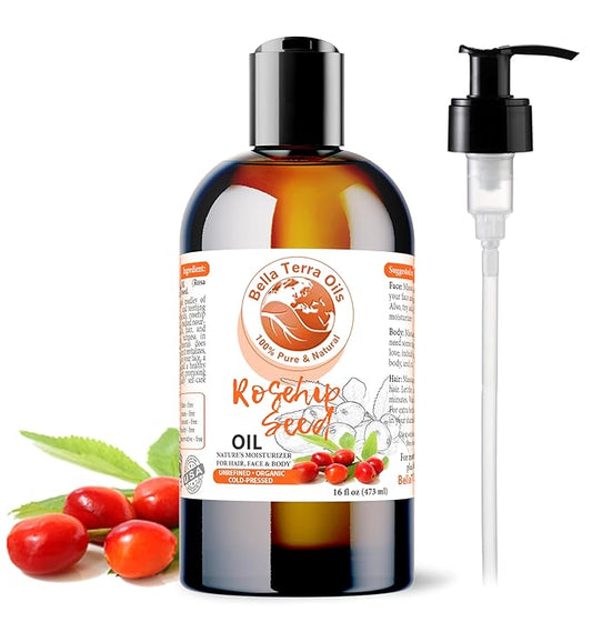 Bella Terra Oils Organic Rosehip Oil for Face, Pure Cold-Pressed Rose Hip Seed Oil for Skin & Hair, Natural Moisturizer & Anti-Aging Facial Oil 16oz