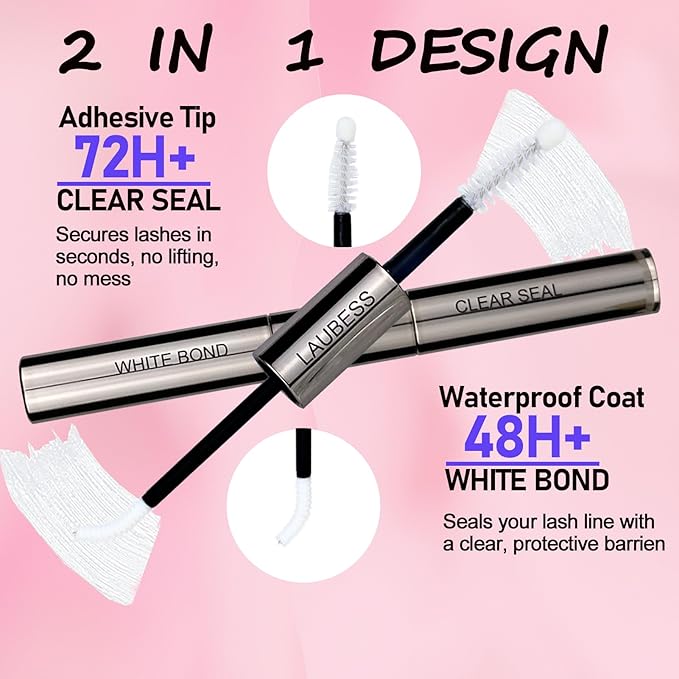 Lash Bond and Seal Lash Glue Waterproof LAUBESS 2-in-1 Cluster Lash Glue for Eyelash Clusters 72H 10ml (White/Clear)