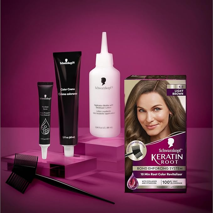 Schwarzkopf Keratin Root Permanent Hair Color Kit, 6.0 Light Brown, 1-Application Root Touch-Up with Collagen & Vitamin B6, Complete Gray Coverage, Precision Brush, All Hair Types & Textures