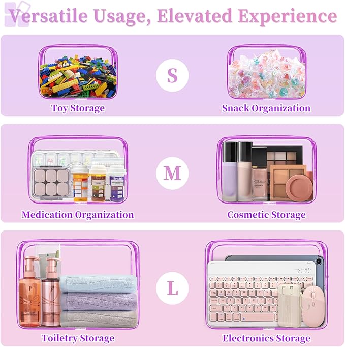 TISRATOK 12 PCS Clear Makeup Bag for Women with Zipper, TSA Approved Toiletry Pouch, Cosmetic Bag Bulk for Travel Organizer Essentials - Purple, Small