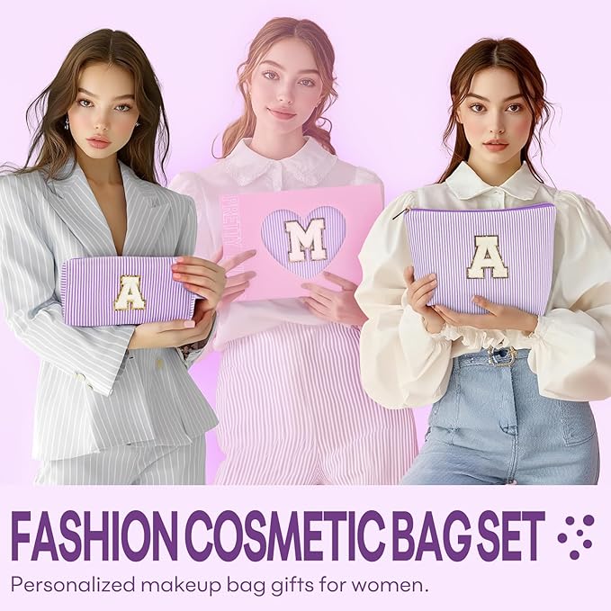 2 PCS Initial Makeup Bags for Women: Cosmetic Bag for Travel Toiletry - Birthday Gifts for 11 12 13 14 15 16 17 18 Years Old Girl Graduation Teacher Gift- Teen Girl Gifts Trendy Stuff - Purple V