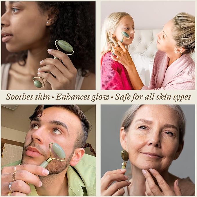 Jade Roller for Face - Smoothes Fine Lines & Wrinkles, Stocking Stuffers for Women, Massager Skin Care Tools with Small Eye Roller for Puffy Eyes, De-Puffing & Firming Facial Tool, Self Care Gifts