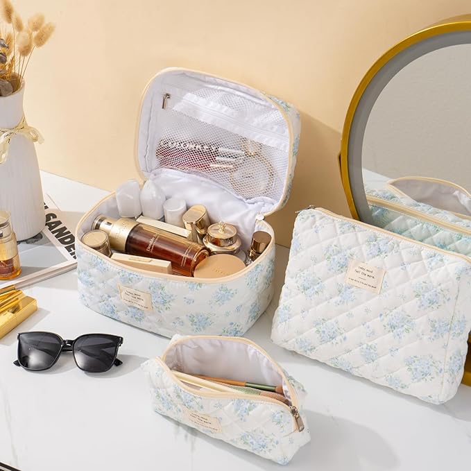 Makeup Bag for Women 3PCS Quilted Cotton Make Up Bag Travel Cosmetic Bag Large Makeup Bag Set Cute Makeup Bags Organizer Floral Toiletry Bag Makeup Pouch, Blue