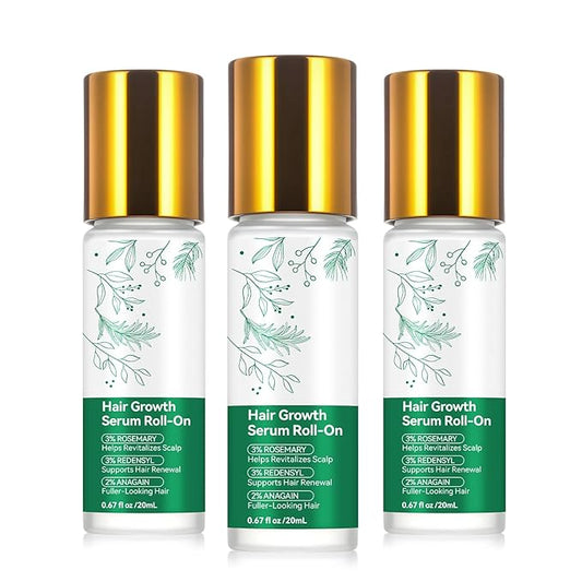 Rosemary Hair Growth Serum Roll On, Hair Thicker Serum with 3% Rosemary, 3% Redensyl & 2% Anagain, Scalp Serum, Reduces Hair Fall & Follicle Strengthener, Thicker, Fuller Hair, All Hair Types (3PCS)