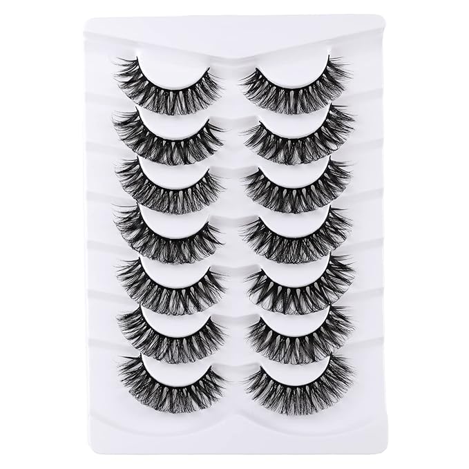 Russian Strip Lashes False Eyelashes Cat Eye Lashes Faux Mink Lashes Natural Look Fake Eyelashes Fluffy Wispy Lashes That Look Like Extensions Pestañas Postizas D Curl Lash Strips 7 Pairs Pack