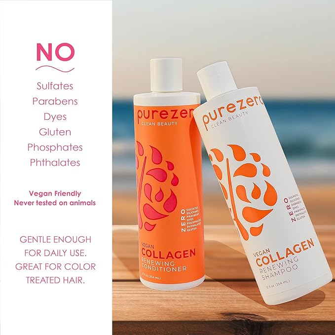 PureZero Vegan Collagen Shampoo & Conditioner Set - Strengthening & Hydrating Clean Beauty Duo for Dry or Damaged Hair – Plant-Based Collagen, Sulfate-Free, Paraben-Free, Cruelty-Free, 2 × 12 oz