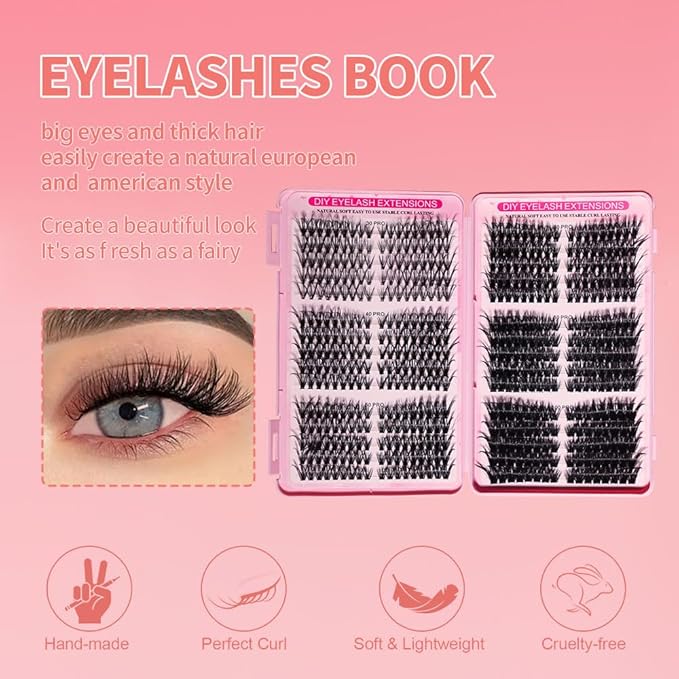 DIY Lash Clusters Kit Lash Extension Kit, 540pcs,30D&40D&50D&60D&80D&100D, 9-16mm, D Curl, Natural Volume Lash Extensions Wispy Eyelash Clusters Individual Lashes Kit,10#Black