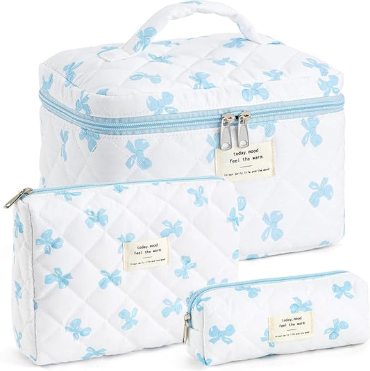 Makeup Bag for Women 3PCS Quilted Cotton Make Up Bag Travel Cosmetic Bag Large Makeup Bag Set Cute Blue Bow Makeups Organizer Floral Toiletry Pouch for Purse