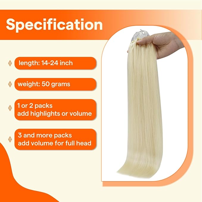 Full Shine Micro Loop Hair Extensions Human Hair 16 Inch Color 60 Platinum Blonde Prebonded Micro Link Hair Extensions Human Hair for Women 50 Grams add Volume
